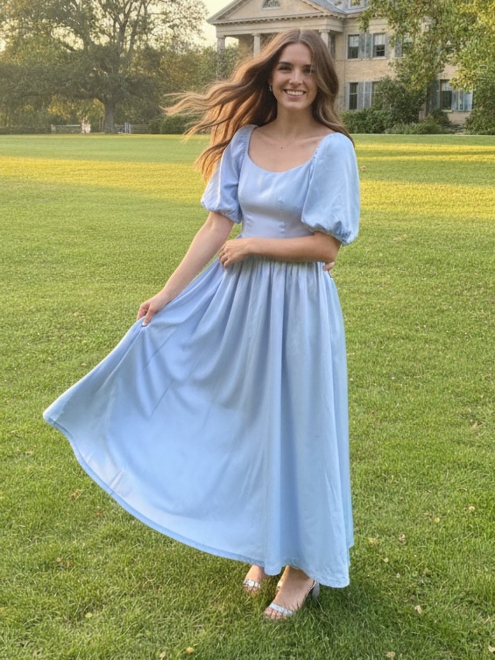 Silk Crepe Light Blue Puff Sleeve Maxi Dress